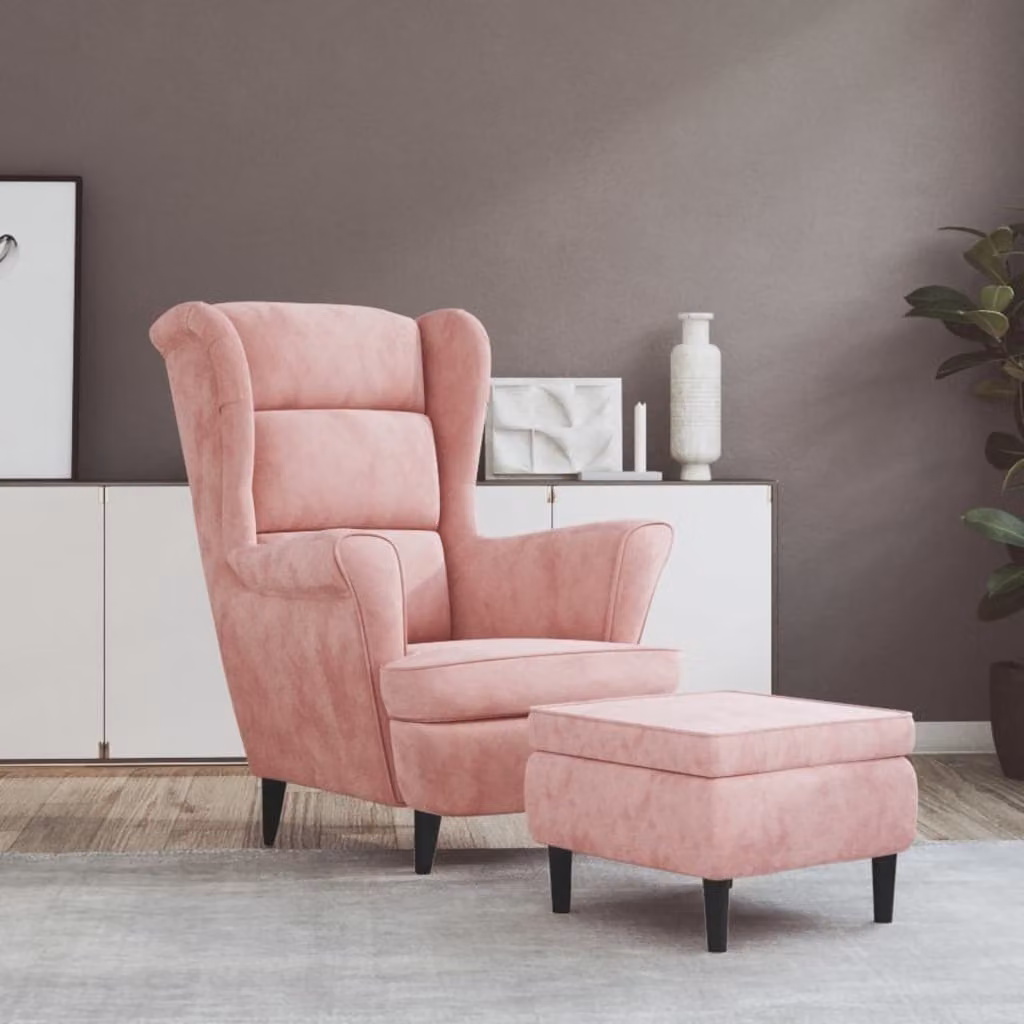 The Living Store Sedia ad ala con sgabello Velluto rosa