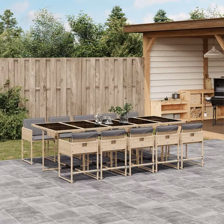 Set Pranzo da Giardino vidaXL 11 pz in Polyrattan con Cuscini Beige e Tavolo in Vetro