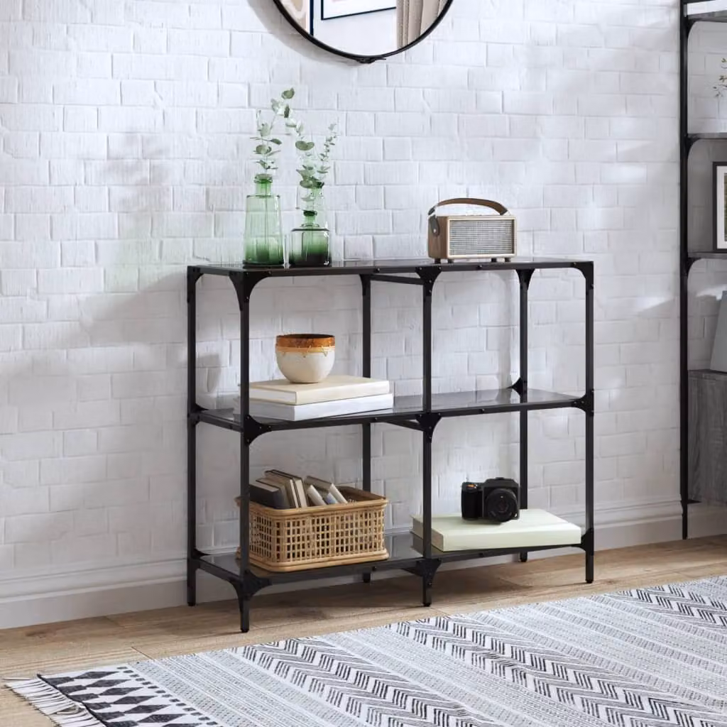 vidaXL Tavolino Consolle Moderno con Piano in Vetro Nero e Struttura in Metallo L 98 cm x P 30 cm x H 81 cm