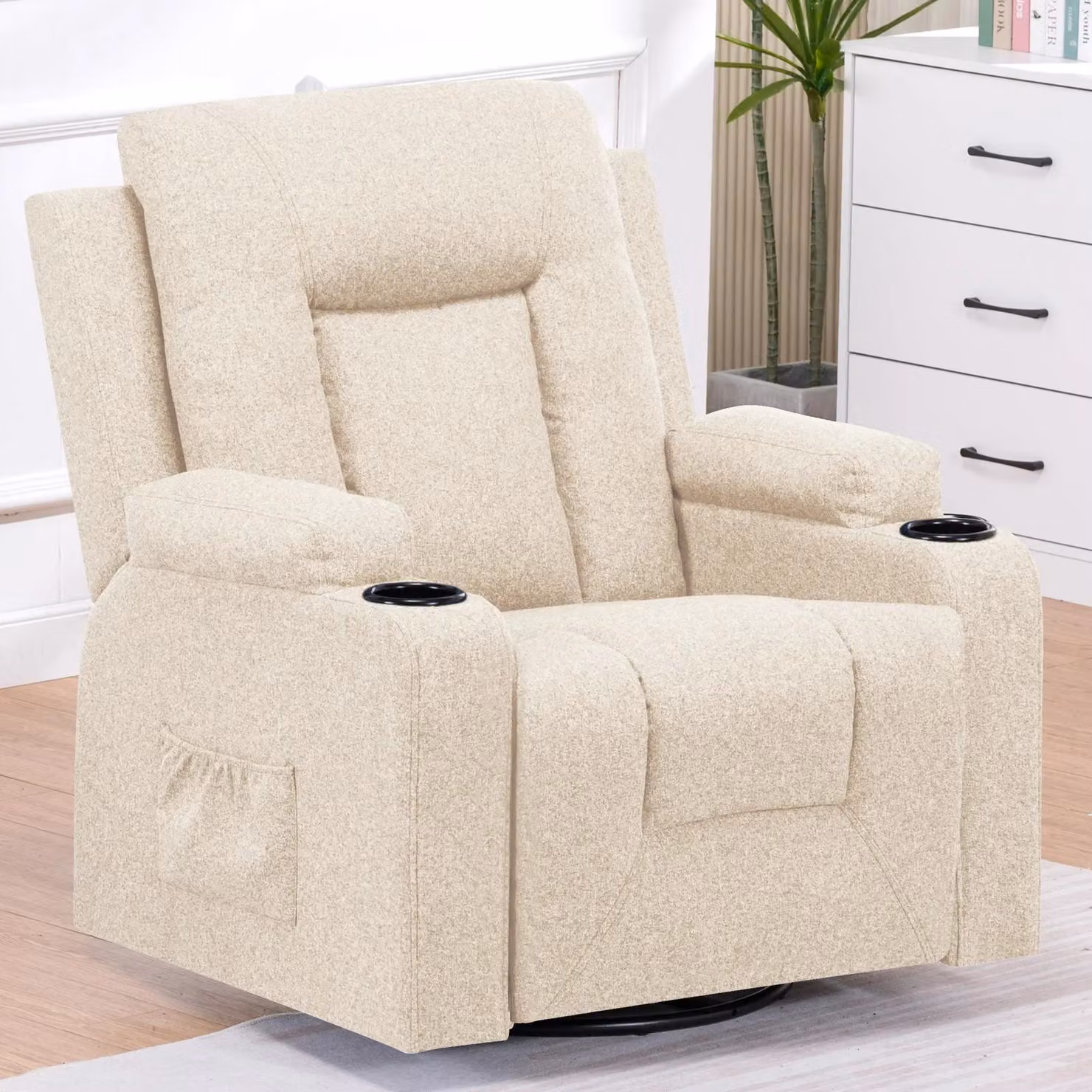 Poltrona relax - Poltrona TV reclinabile - Funzione reclinabile - Funzione oscillante - Portabicchieri e 2 tasche laterali - Rivestimento in ecopelle/tessuto - 102x82x95 cm - Beige
