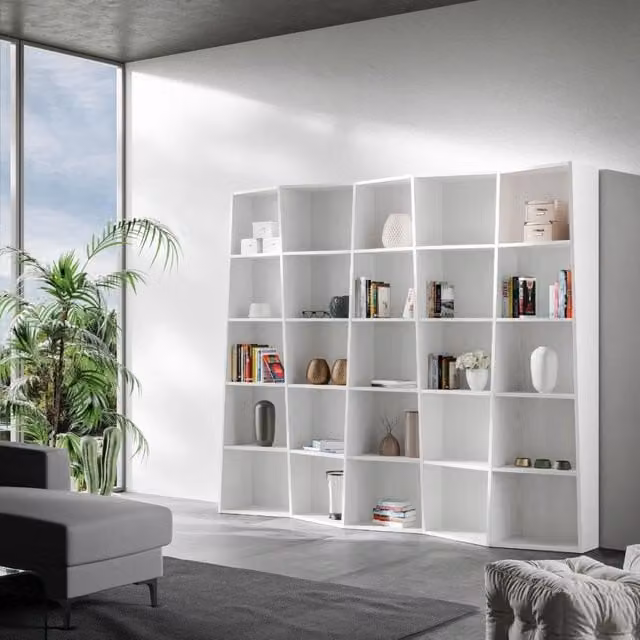 Libreria Moderna Trek GIORDANOSHOP con 5 Ripiani, Colore Bianco Frassino, H 227 x L 100 x P 35 cm