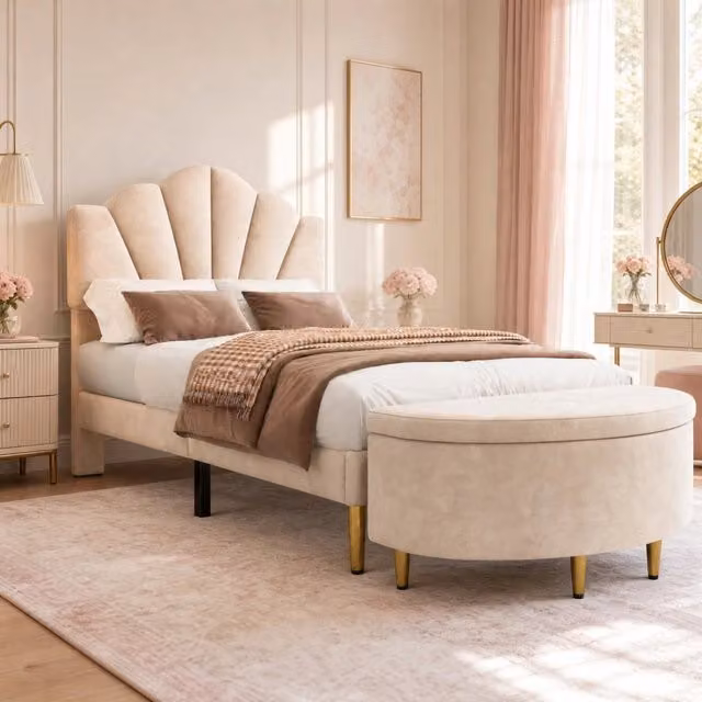 Letto imbottito in velluto beige 90x200 cm con testiera regolabile e rete a doghe