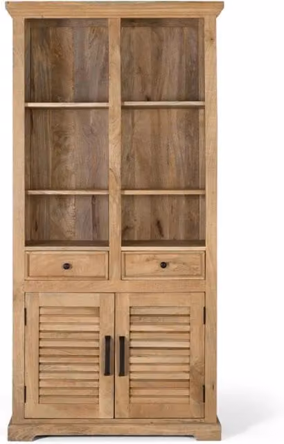 Libreria in legno di mango naturale marrone intagliata a mano con pannello posteriore