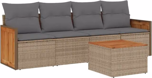 Set Divano da Giardino 5 pz | Set Salotto da Giardino con Cuscini Beige in Polyrattan