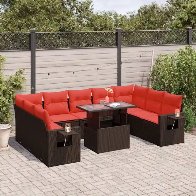 Set Divani da Giardino 10 pz con Cuscini Marrone in Polyrattan 3268114