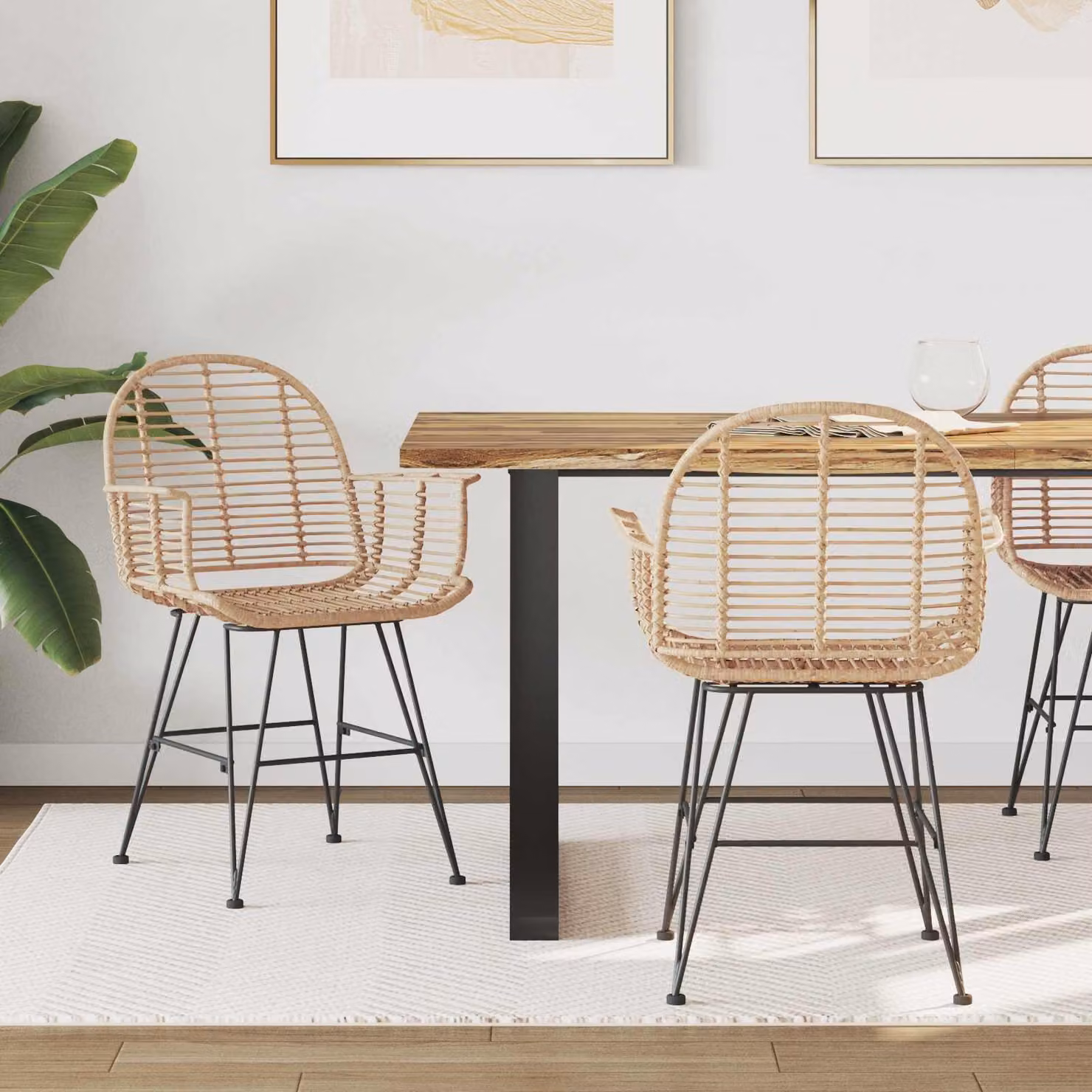 Set di 2 sedie da pranzo vidaXL in rattan e metallo beige e marrone L: 57 cm, P: 55 cm, H: 85 cm – 1