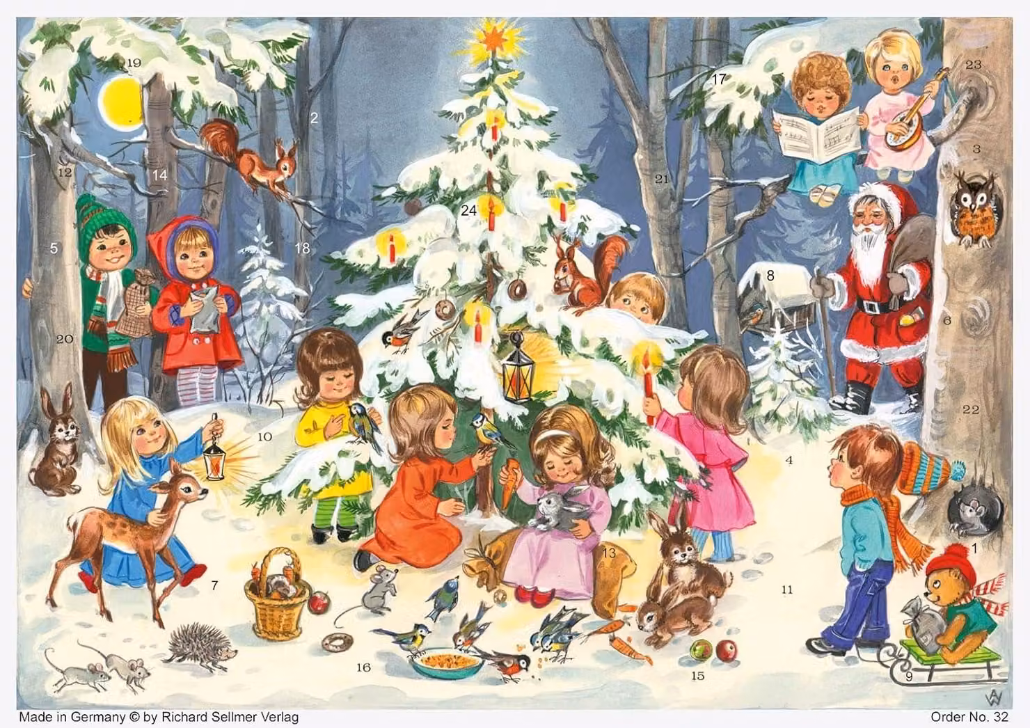 Calendario dell'Avvento in carta - Scena natalizia nostalgica con un albero di Natale - 24 scomparti