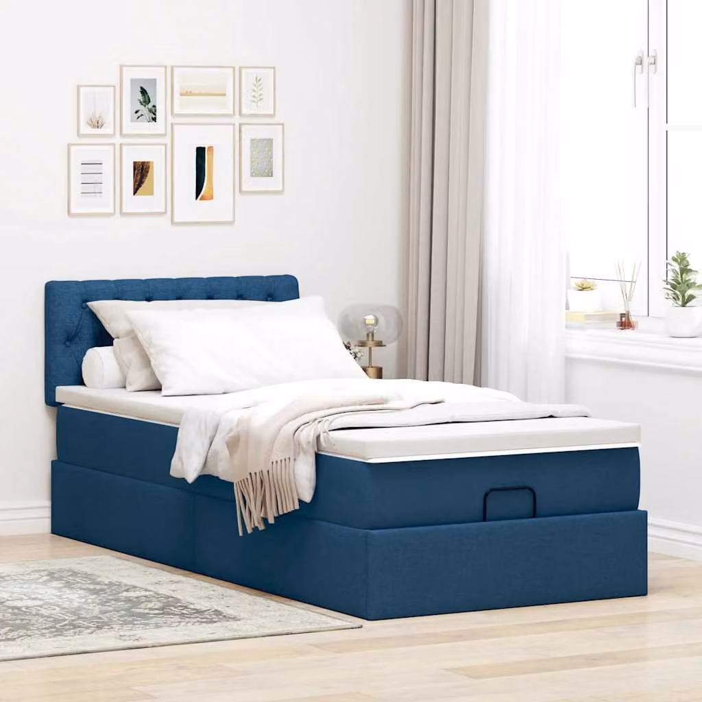 vidaXL Pouf Letto con Materasso Blu e Bianco in Tessuto L: 200 cm, P: 90 cm, H: 88 cm – 1