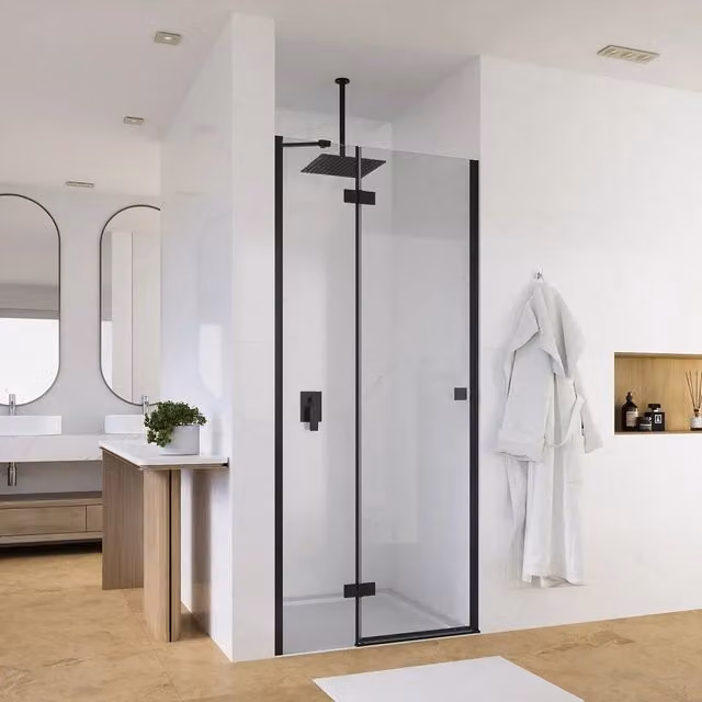 Porta doccia 80cm apertura a battente lato sinistro con cerniere, profili nero opaco e vetro da 8mm trasparente h195 | Fiji
