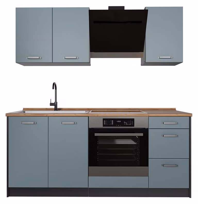 Cucina monoblocco Vicco R-Line Grigio-blu/Antracite 180 cm piano di lavoro Rovere dorato, Model 66982