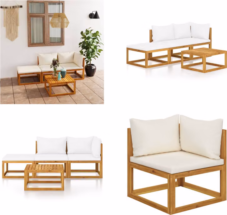 vidaXL Set salotto da giardino 4 pezzi con cuscini crema in legno massiccio di acacia - Set salotto da giardino - Set salotto da giardino - Set divano modulare - Set divano modulare