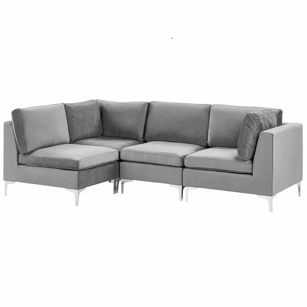 Divano componibile ad angolo Beliani in velluto grigio con gambe in metallo argento, modello a L con versione destra, 4 posti – 2
