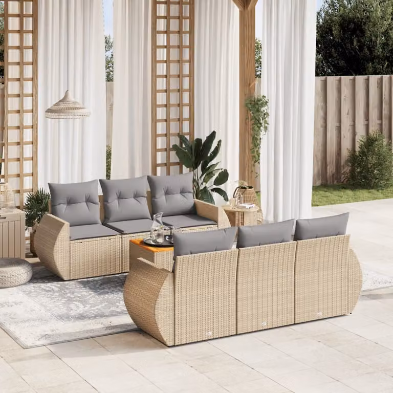 vidaXL Set Divani da Giardino 7 pz in Polyrattan con Cuscini Beige e Grigio