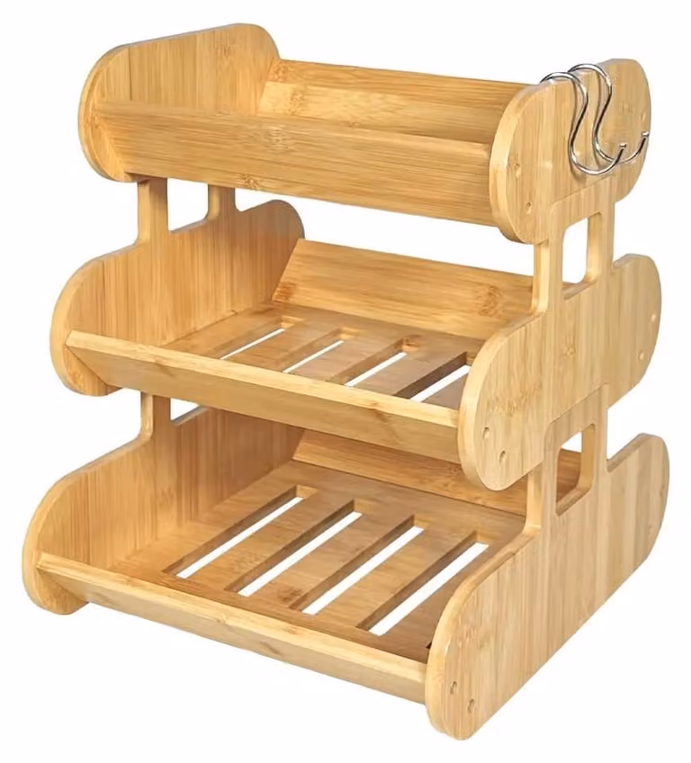 Ripiano portaoggetti in legno - 3 livelli - Design impilabile - 2 ganci - Ideale per ciotole, piatti e vassoi - Dimensioni: 30,5 x 33 x 36 cm - Adatto per cucina e sala da pranzo