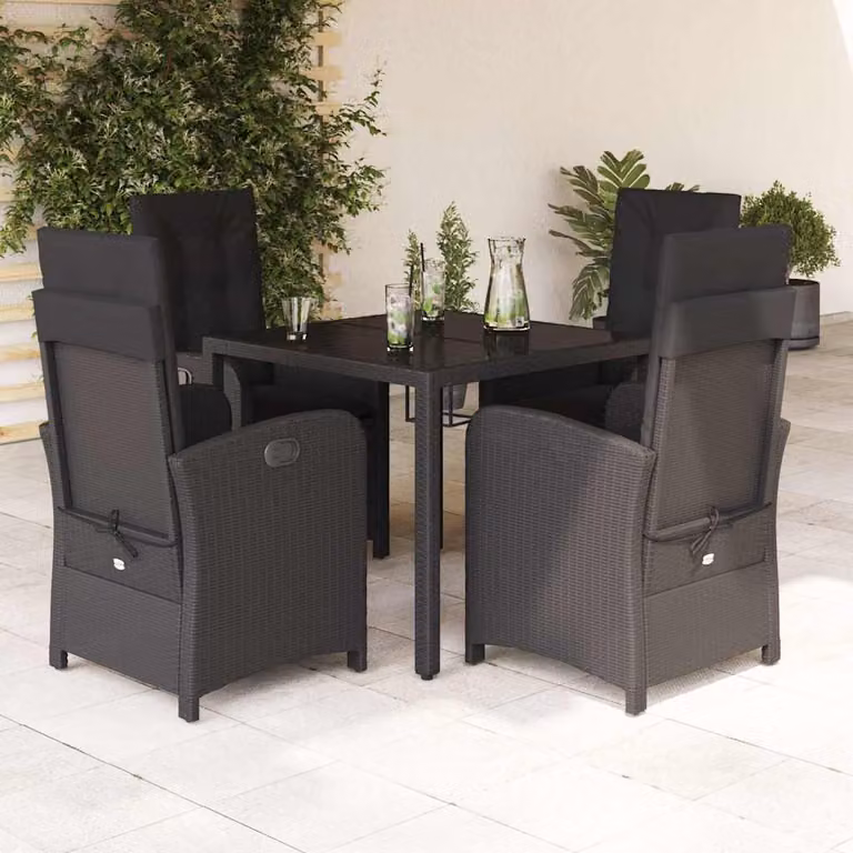 Set da Pranzo da Giardino vidaXL 5 pz in Polyrattan Nero con Cuscini e Tavolo in Vetro