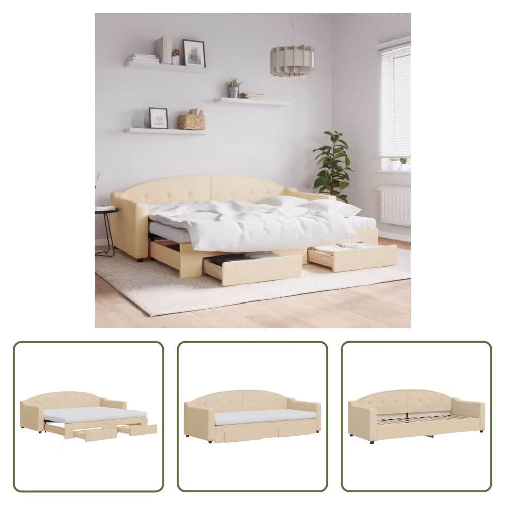 The Living Store letto da giorno allungabile con cassetti crema 80x200 cm in tessuto