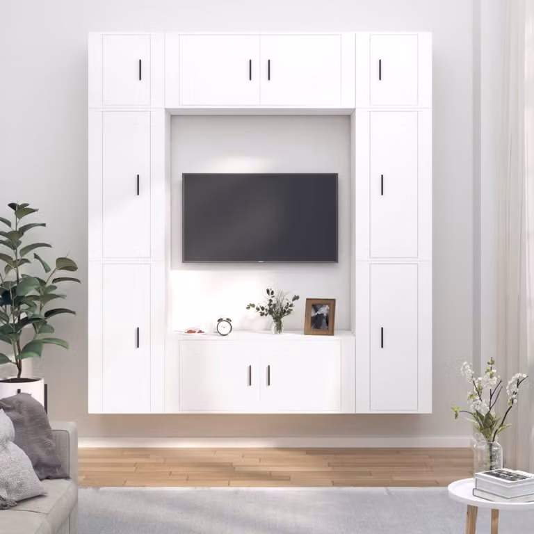Set di mobili porta TV da soggiorno vidaXL in legno multistrato bianco, modello classico a parete, 8 pezzi