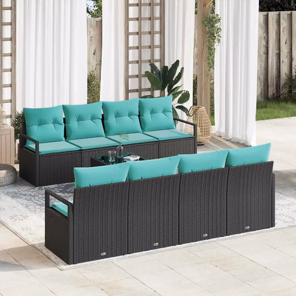 Set di divani da giardino vidaXL a 7 posti in polyrattan nero e azzurro con tavolo in vetro e struttura in metallo