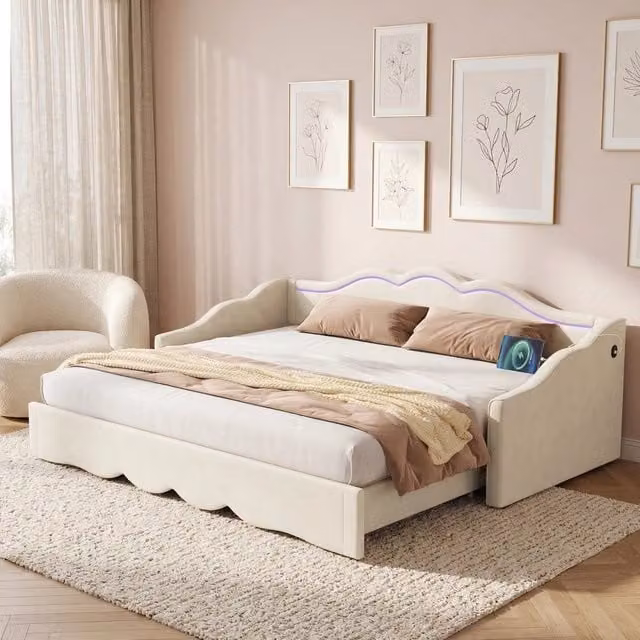 Letto Mivray estraibile in velluto beige con illuminazione LED e porta USB Type-C, dimensioni 90 x 200 cm estensibile a 180 x 200 cm