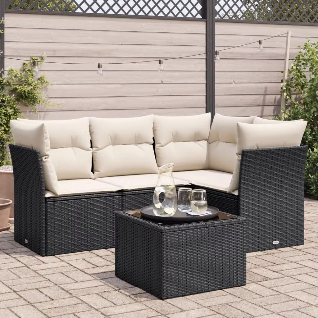 vidaXL Set Divani da Giardino 5 pz a Forma a L in Polyrattan Nero con Cuscini e Tavolino da Caffè in Vetro – 1