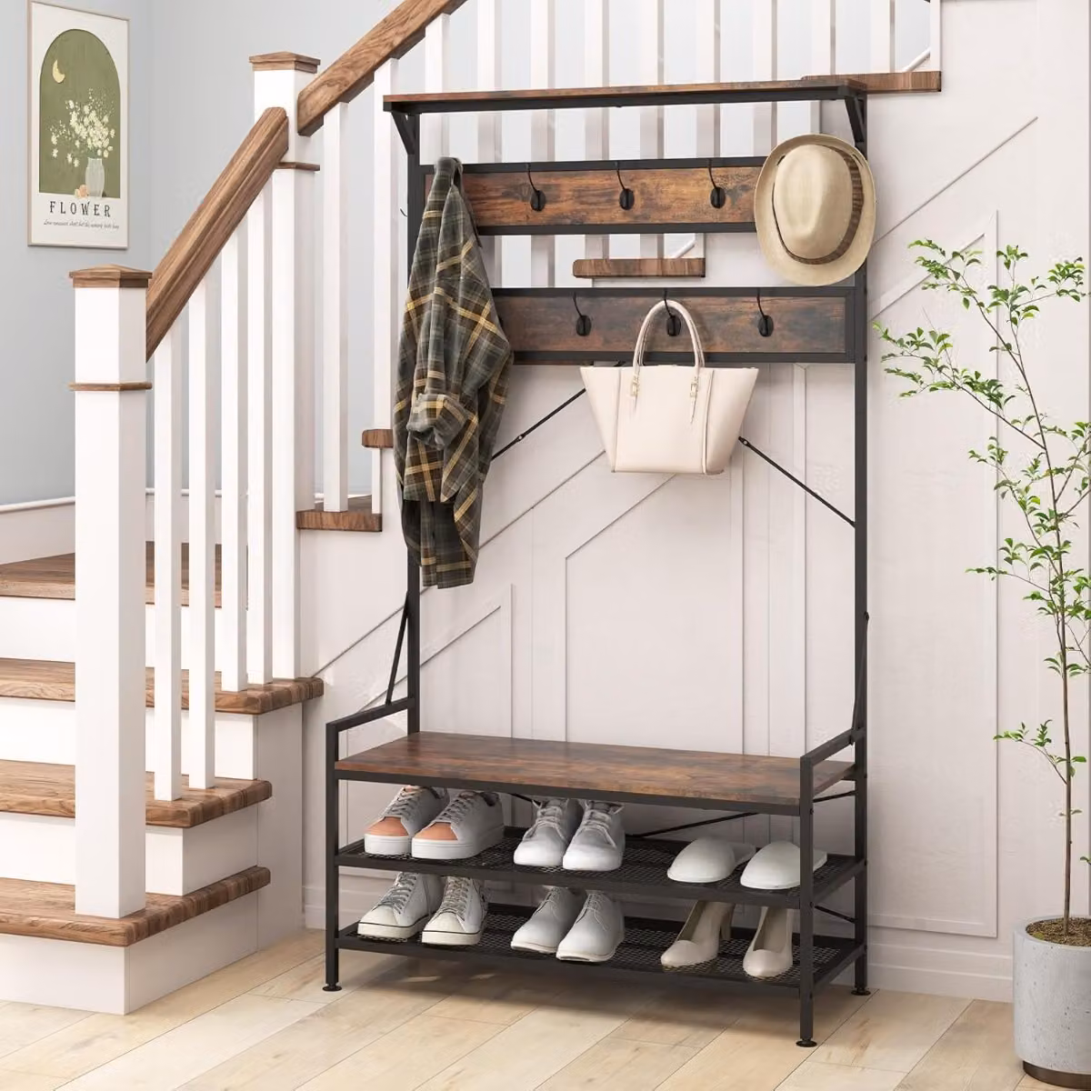 Costway Appendiabiti da Ingresso 4-in-1 con 11 Ganci e Panca Scarpiera a 2 Ripiani, Stile Industriale, Marrone