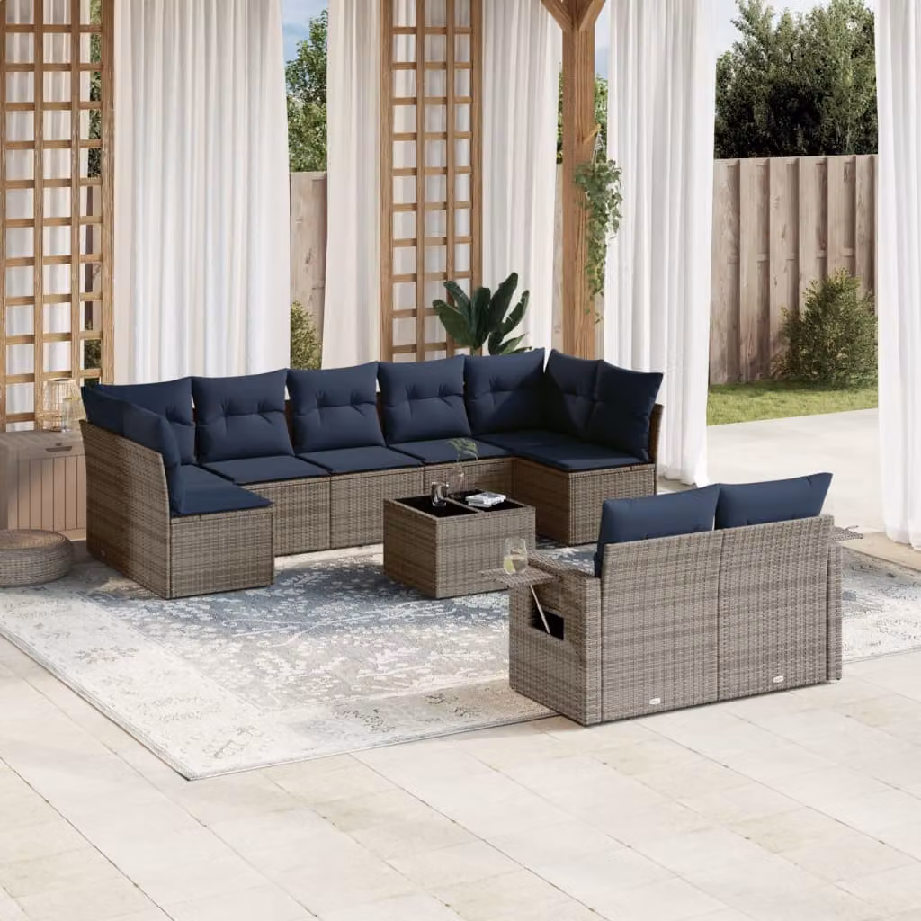 Set di divani da giardino vidaXL in rattan con cuscini e tavolino, composizione a forma di U per esterno, grigio e blu
