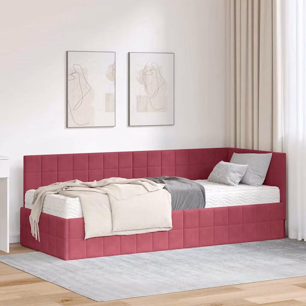vidaXL Letto Angolare Moderno con 2 Materassi in Schiuma, Rivestimento in Velluto Rosso, L/P/H: 200 x 80 x 72 cm