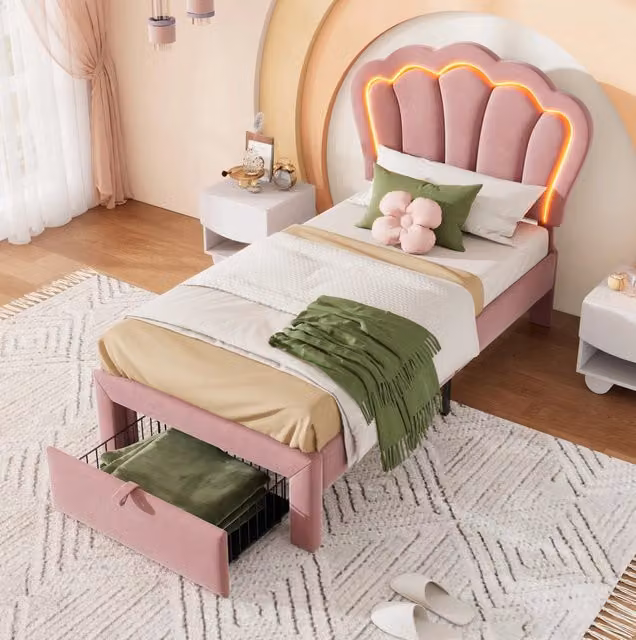Letto singolo per bambini 90x190 cm in velluto rosa con LED controllabili via app, cassettiera e testiera regolabile