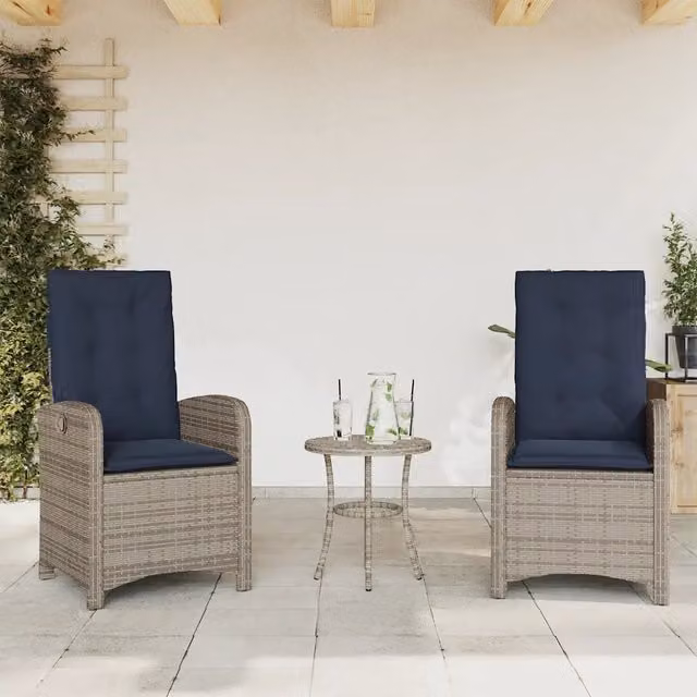 Set di 2 sedie da giardino reclinabili con cuscini vidaXL in polyrattan grigio e blu
