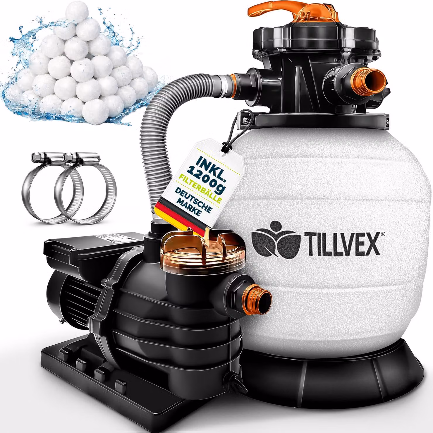 tillvex® Sistema di filtraggio a sabbia per piscina bianco/arancio 13.200L/h fino a 40.000L + sfere filtranti da 1200g | sistema di filtraggio valvola a 7 vie & adattatore 2in1 Ø32-38mm | filtro per piscina autoadescante | filtro a sabbia per piscina