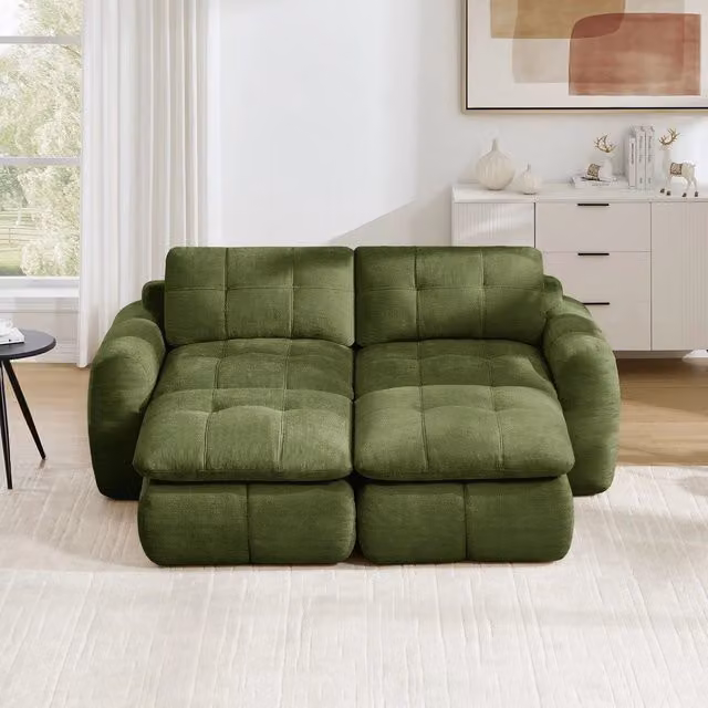 Divano 2 posti con 2 poggiapiedi ¨C Minimal ¨C verde in tessuto chenille trapuntato
