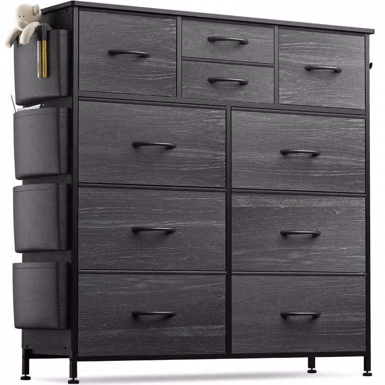 Comodino con 10 cassetti rivestiti in tessuto, piano in legno, struttura in metallo, tasche laterali e ganci, colore nero, dimensioni 98,8 x 100 cm