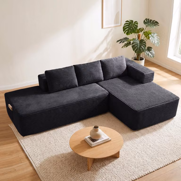 Divano componibile modello Ecksofa, con funzione letto, 255 cm, rivestito in velluto. Divano modulare "Boneless" con chaise longue e struttura in metallo per lo schienale. Divano a L con funzione letto e struttura aperta