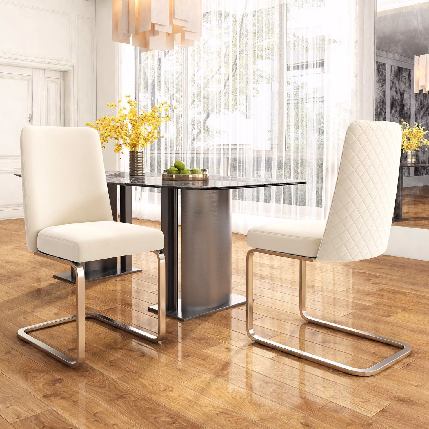 Sedia da pranzo in velluto Sweiko, set di 2, lussuosa, per soggiorno, camera da letto, poltrona lounge, design dello schienale a diamante, con gambe di supporto in metallo argentato, beige