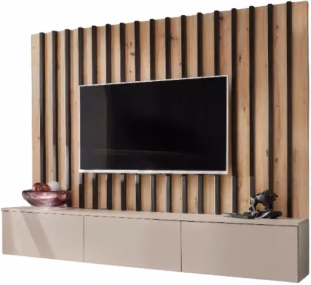 Composizione murale TASHYA – Mobile TV e pannello murale – Rovere Artisan e cachemire