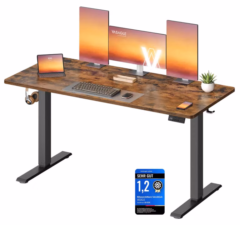 Scrivania VASAGLE regolabile in altezza, con funzione di memorizzazione di 4 altezze – Marrone vintage, dimensioni 140 x 60 cm