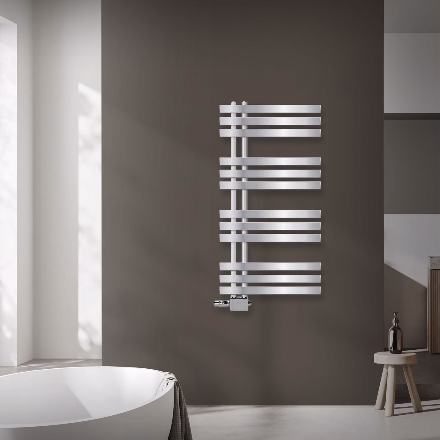 Radiatore da bagno LuxeBath Design, 500x1000 mm, cromo, set di collegamento termostatico universale ad angolo e passante, senza elemento riscaldante