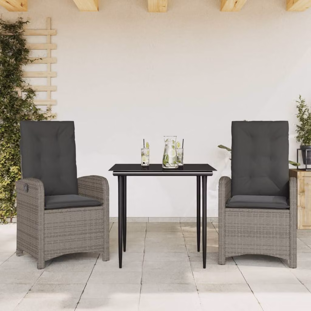 Set da Pranzo da Giardino 3 pz vidaXL in Polyrattan Grigio e Nero con Piano in Vetro – 1
