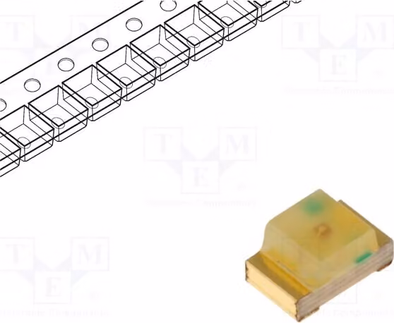 5 LED SMD 0805, angolo di emissione 120°, colore giallo, dimensioni 2x1,25x1,1 mm, intensità luminosa 3÷8 mcd, tensione di alimentazione 2,1÷2,5 V, corrente 20 mA, modello KP-2012YD. Diodi LED