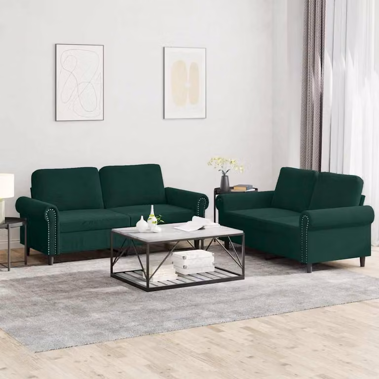 Set di 2 Divani Moderni vidaXL in Velluto Verde con Cuscini e Struttura in Metallo e MDF