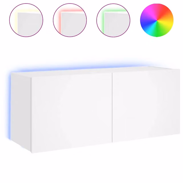 Mobile TV a parete moderno con luci LED integrate in legno bianco L: 100 cm, P: 35 cm, H: 41 cm