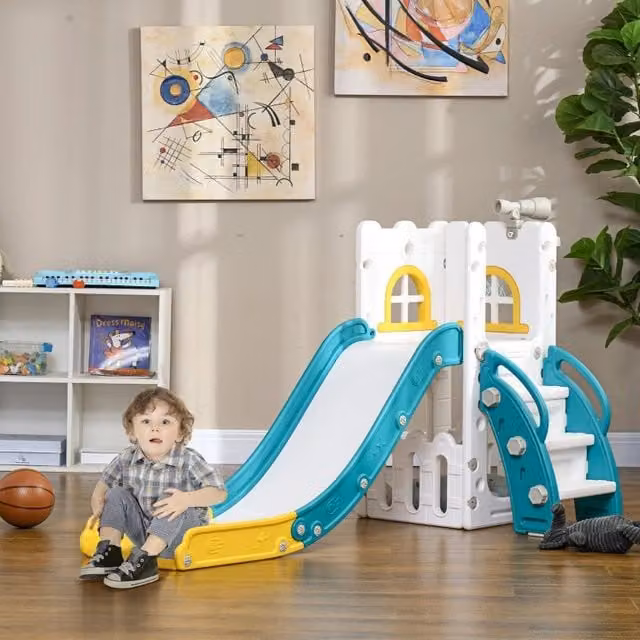 Scivolo per bambini 4 in 1 WISHDOR con canestro, telescopio e struttura da arrampicata, giallo e multicolore, L: 70 cm, P: 177 cm, H: 92 cm – 1
