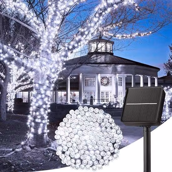 Catena luminosa solare, lunghezza 11 metri, 60 LED, 8 diverse configurazioni luminose, resistente agli agenti atmosferici, ideale per decorazioni natalizie e di Halloween da esterno, colore bianco