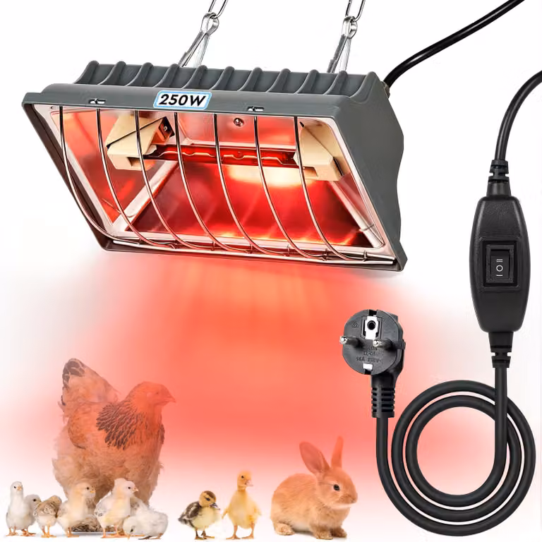 Lampada riscaldante per pollaio, 250W, dimensioni 14x8x20 cm (nera)