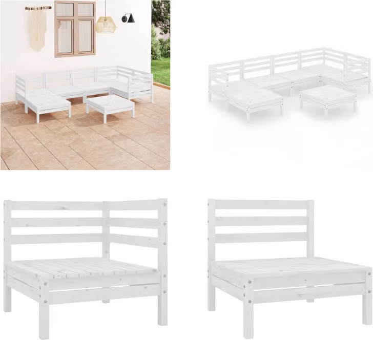 vidaXL 7 pezzi set salotto da giardino in legno massiccio di pino bianco - Set salotto da giardino - Set salotto da esterno - Pouf in legno - Set mobili da giardino