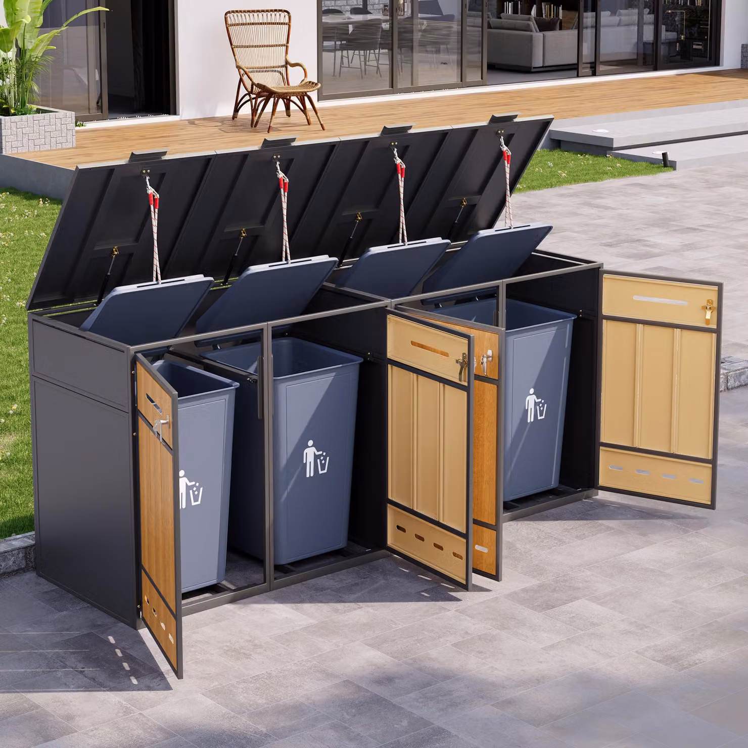 MODFU Armadio per bidoni della spazzatura con separazione dei rifiuti - 4 scomparti con coperchio ribaltabile - Ante frontali con effetto legno Per terrazza e giardino - Grigio+Legno