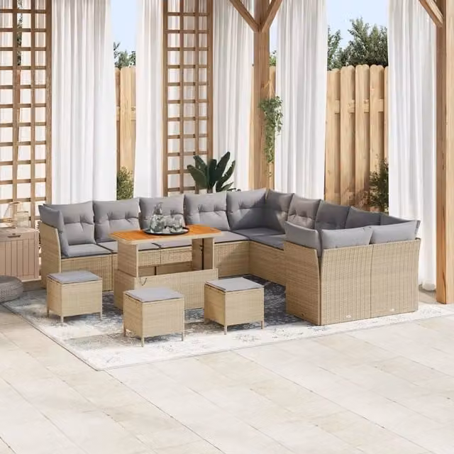 Set Divano da Giardino vidaXL 14 Pezzi a Forma di U Beige con Cuscini e Tavolino da Caffè in Polyrattan e Metallo – 1