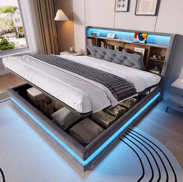 Letto contenitore imbottito ULEVR 140x200 cm con LED, 2 USB e porta Type-C, testiera con ripiani, velluto grigio scuro