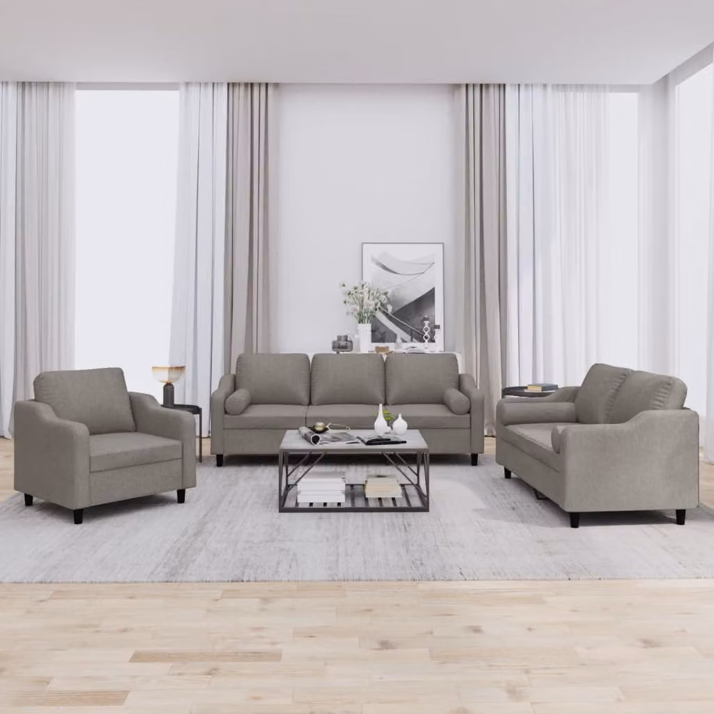 Set di Divani 3 Pezzi vidaXL in Tessuto Beige e Grigio con Cuscini per Soggiorno Moderno – 1