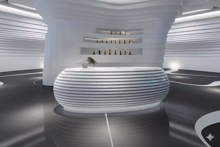 Lussuoso tavolo da reception di design, tavolo da ufficio futuristico ed elegante
